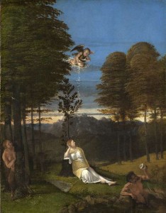   Lorenzo Lotto, Le Songe de la jeune fille ou Allégorie de la Chasteté, vers 1505. Huile sur bois, 42,9 x 33,7 cm. Washington, National Gallery of Art Samuel H. Kress Collection. © Courtesy National Gallery of Art, Washington 
