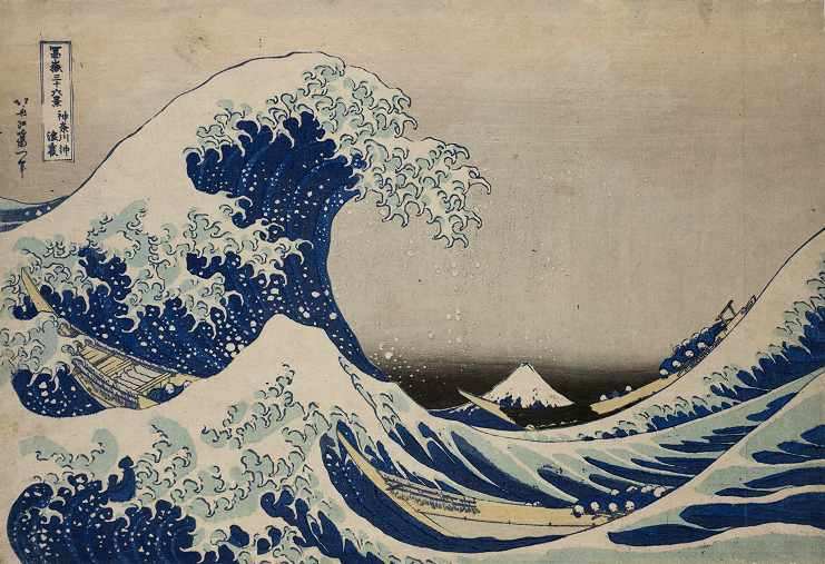 Katsushika Hokusai (1760 -1849) « Dans le creux d’une vague au large de Kanagawa » Série : Trente-six vues du mont Fuji Fugaku Sanjūrokkei Kanagawa oki namiura Début de l’ère Tempō (vers 1830-1834) Estampe nishiki-e, format ōban 25,6 × 37,2 cm Signature : Hokusai aratame Iitsu hitsu Éditeur : Nishimura-ya Yohachi Bruxelles, Musées royaux d’Art et d’Histoire © Musées royaux d’Art et d’Histoire, Bruxelles