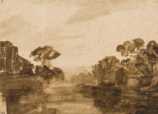 Rembrandt Cours d'eau aux rives boisées1654-1655 Pinceau et lavis brun